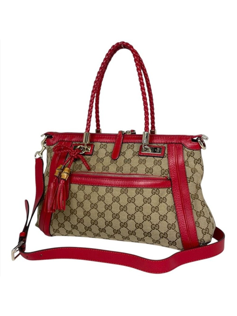 Gucci Handbag GG Pattern Bella Bamboo Fringe Canvas Brown Red
